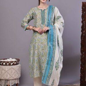 Women's Green & Blue Floral Chanderi Printed Kurta Set with Dupatta Suit Sets